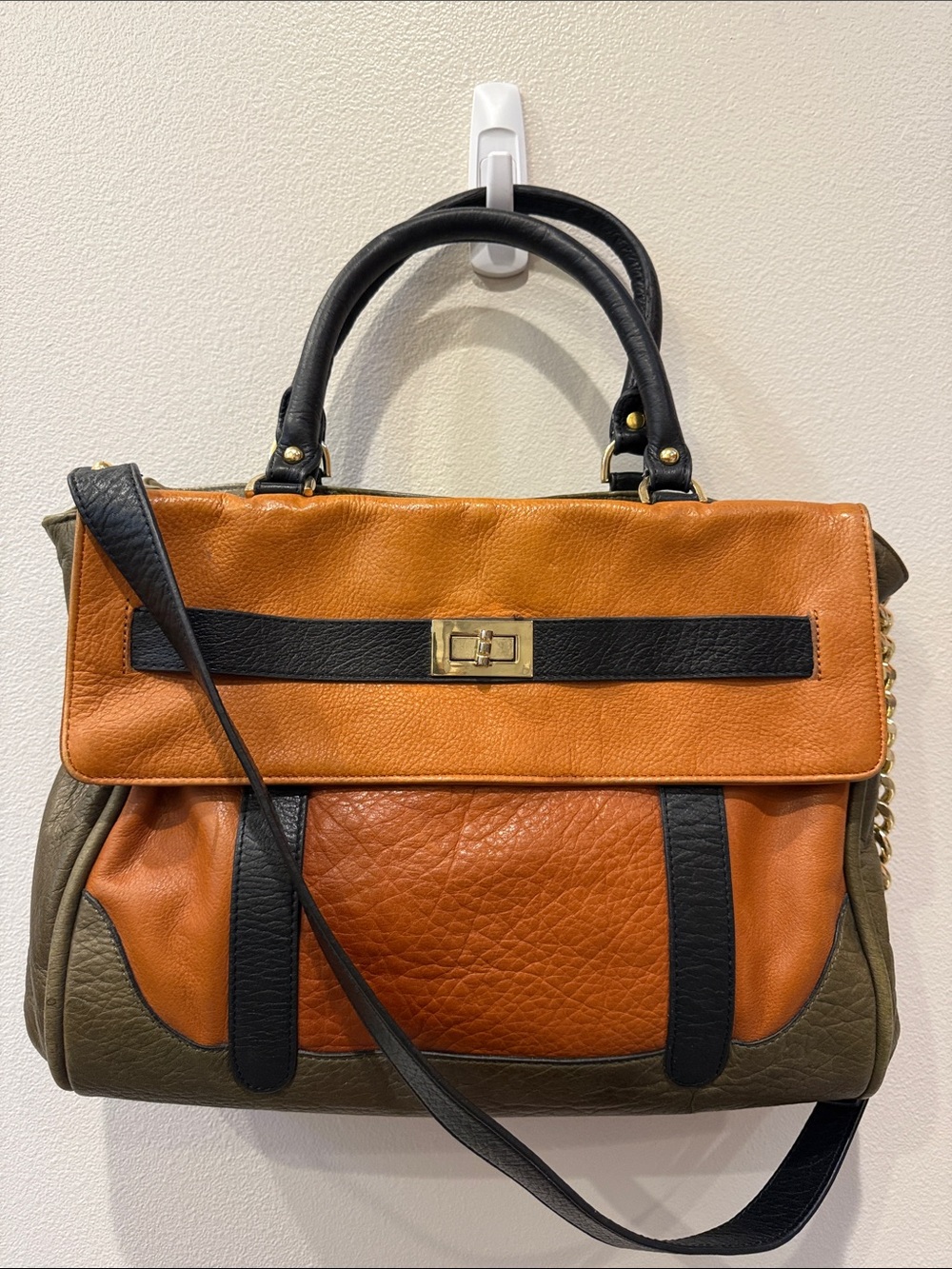 Roccatella Jane Belted Leather Satchel Bag in Cognac, Olive & Black